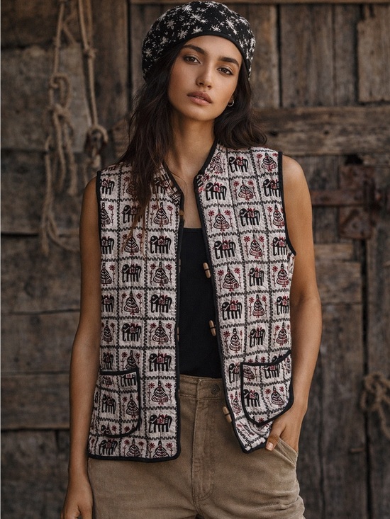 Source Unknown Jackets & Blazers - Reversible Quilted Toggle Vest — Cream/Black/Red — Folk Boho Style Size S